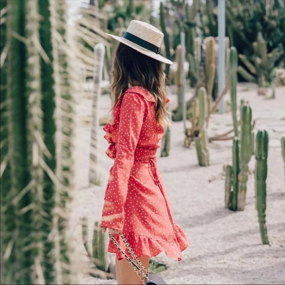 1 Left Red Star Ruffle Wrap Mini Dress Long Sleeve - Picture 3 of 7